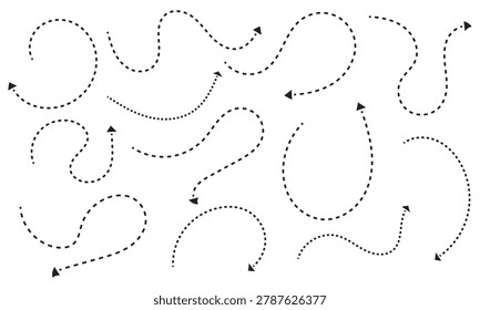 Curved Dotted Arrow Path Collection, Dashed Motion Lines and Direction Arrows Set for Navigation, Route or Infographic Design. Vector Illustration. 