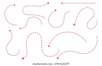 Curved Dotted Arrow Path Collection, Dashed Motion Lines and Direction Arrows Set for Navigation, Route or Infographic Design. Vector Illustration. 