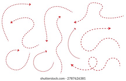 Curved Dotted Arrow Path Collection, Dashed Motion Lines and Direction Arrows Set for Navigation, Route or Infographic Design. Vector Illustration. 