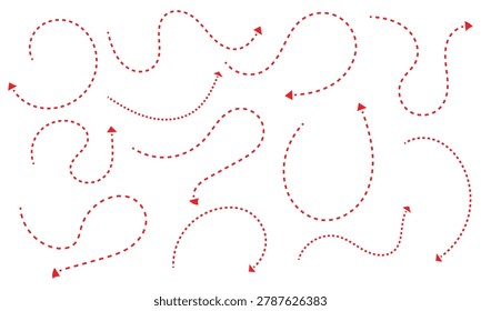 Curved Dotted Arrow Path Collection, Dashed Motion Lines and Direction Arrows Set for Navigation, Route or Infographic Design. Vector Illustration. 