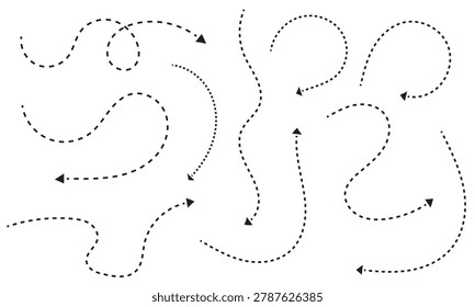 Curved Dotted Arrow Path Collection, Dashed Motion Lines and Direction Arrows Set for Navigation, Route or Infographic Design. Vector Illustration. 