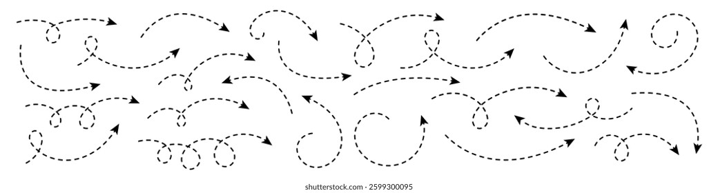 Curved dotted arrow. Set of arrows with dotted lines.