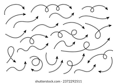 Curved dotted arrow. Zigzag arrow stripes design with dotted lines. Thin arrows. Vector illustration.