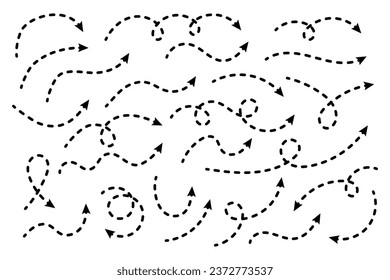 Curved dotted arrow. Zigzag arrow stripes design with dotted lines. Thin arrows. Vector illustration.
