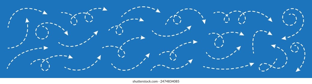 Curved dotted arrow. Zigzag arrow stripes design with dotted lines. White arrows on blue background.