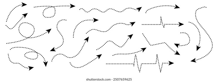 Gekrümmter punktierter Pfeil. Zigzag Pfeilstreifen Design mit gepunkteten Linien.