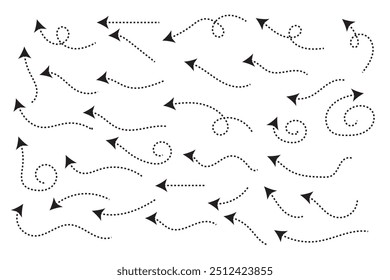 Curved dotted arrow. Zigzag arrow stripes design with dotted lines. Thin arrows. Vector illustration.