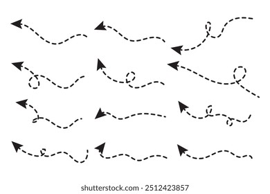 Curved dotted arrow. Zigzag arrow stripes design with dotted lines. Thin arrows. Vector illustration.