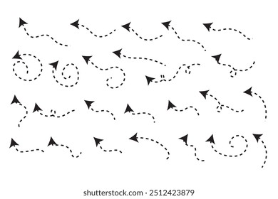 Curved dotted arrow. Zigzag arrow stripes design with dotted lines. Thin arrows. Vector illustration.