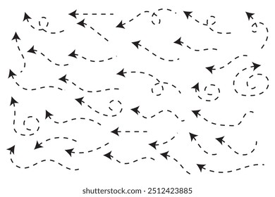 Curved dotted arrow. Zigzag arrow stripes design with dotted lines. Thin arrows. Vector illustration.