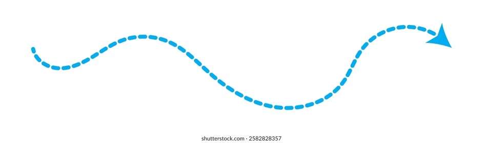 Curved dotted arrow. Zigzag arrow stripes design with dotted lines. Set of blue dotted arrows in doodle style. Broken arrows in the form of a loop. Flow direction. Pointers to the wire, up, down. 