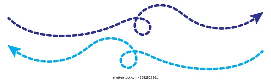 Curved dotted arrow. Zigzag arrow stripes design with dotted lines. Set of blue dotted arrows in doodle style. Broken arrows in the form of a loop. Flow direction. Pointers to the wire, up, down. 