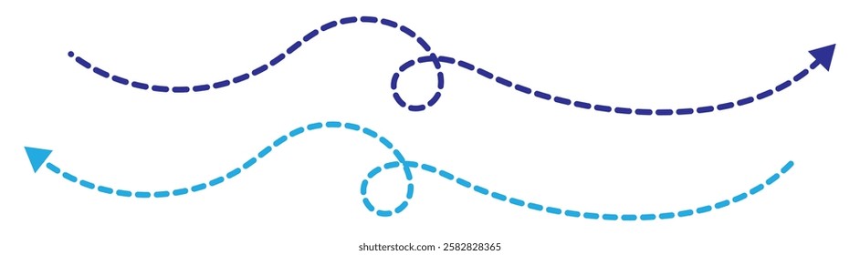 Curved dotted arrow. Zigzag arrow stripes design with dotted lines. Set of blue dotted arrows in doodle style. Broken arrows in the form of a loop. Flow direction. Pointers to the wire, up, down. 