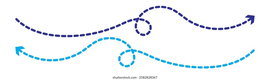 Curved dotted arrow. Zigzag arrow stripes design with dotted lines. Set of blue dotted arrows in doodle style. Broken arrows in the form of a loop. Flow direction. Pointers to the wire, up, down. 