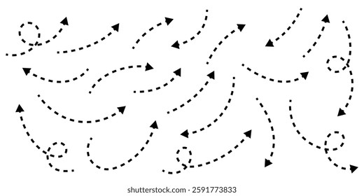 Curved dotted arrow. Zigzag arrow stripes design with dotted lines. Dashed lines. Direction, way or pointer. eps 888.