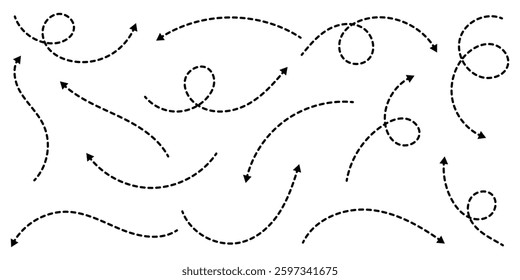 Curved dotted arrow. Zigzag arrow stripes. Dashed arrow set. Set of hand drawn dashed arrows. Vector illustration. Arrows isolated on white background.