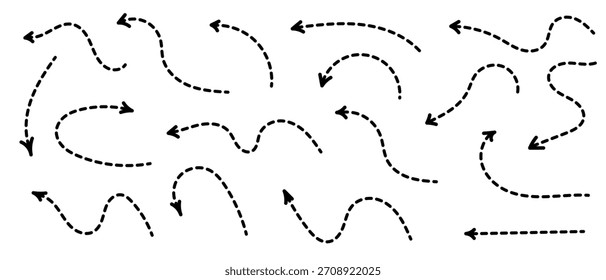 Flecha punteada curva. Diseño de rayas de flecha en zigzag con líneas punteadas. Ilustración vectorial 