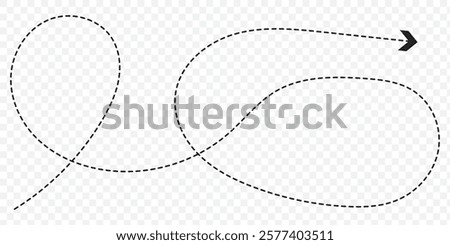 Curved dotted black arrow. Zigzag arrow stripes design with dotted lines. Dashed line arrow. hand drawn dashed arrow. Doodle, sketch style. isolated on transparent background. Vector illustration.