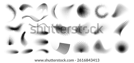 Curved dotted halftone pattern, abstract polka dot shape, twisted monochrome gradient black and white background, comic vector element and grunge overlay pixel texture for digital business technology.
