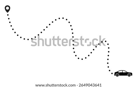 Curved dotted pathway vector illustration featuring a car and origin location pin representing a direct journey GPS route navigation and point to point map planning