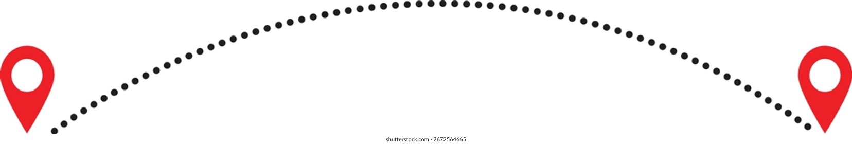 Curved dotted route line with red location markers showing travel path. Navigation journey illustration for map, trip, and destination concept. Modern GPS direction graphic design element.