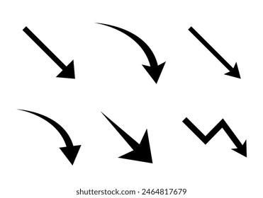 Curved down arrow icon set. Decrease, bankrupt, loss concept