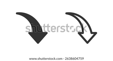 Curved down arrow icon set. Suitable for user interfaces, undo actions, and circular flows. Symbol of undo, return, and circular path.
