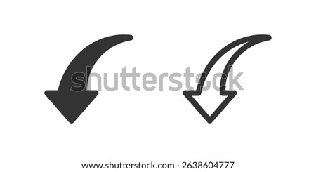 Curved down arrow icon set. Suitable for user interfaces, undo actions, and circular flows. Symbol of undo, return, and circular path.