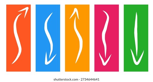 Curved up and down arrows. Collection of simple colorful hand drawn arrows.