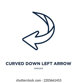 curved down left arrow icon from arrows collection. Thin linear curved down left arrow, arrow, down outline icon isolated on white background. Line vector curved down left arrow sign, symbol for web 