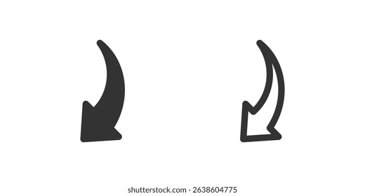 Curved down left arrow icon set. Suitable for navigation, user interface elements, and data flow indicators. Symbol of undo, previous, and diagonal direction.