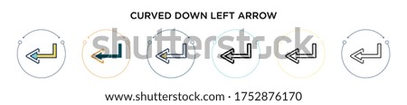 Curved down left arrow icon in filled, thin line, outline and stroke style. Vector illustration of two colored and black curved down left arrow vector icons designs can be used for mobile, ui, web