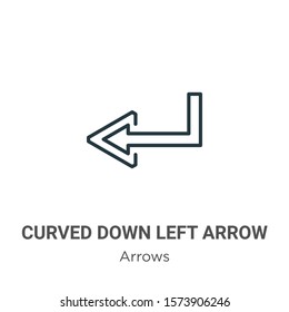 Curved down left arrow outline vector icon. Thin line black curved down left arrow icon, flat vector simple element illustration from editable arrows concept isolated on white background