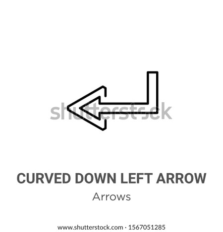 Curved down left arrow outline vector icon. Thin line black curved down left arrow icon, flat vector simple element illustration from editable arrows concept isolated on white background