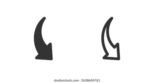 Curved down right arrow icon set. Suitable for data flow, next steps, and descending trends. Symbol of data flow, next, and diagonal direction.