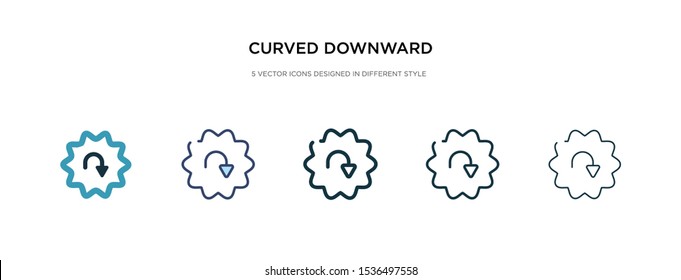 curved downward arrow icon in different style vector illustration. two colored and black curved downward arrow vector icons designed in filled, outline, line and stroke style can be used for web,