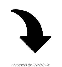 Ícone de seta curva para baixo para direção, download ou indicação em silhueta preta