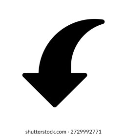 Ícone de seta curva para baixo para direção, download ou indicação em silhueta preta