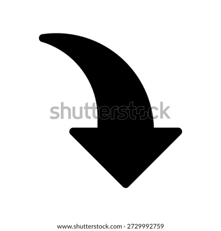 Curved Downward Arrow Icon for Direction, Download, or Indication in Black Silhouette