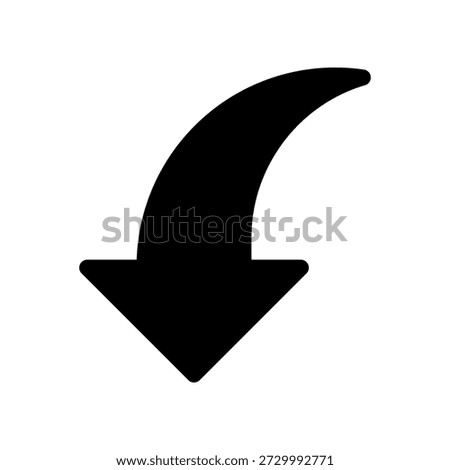 Curved Downward Arrow Icon for Direction, Download, or Indication in Black Silhouette
