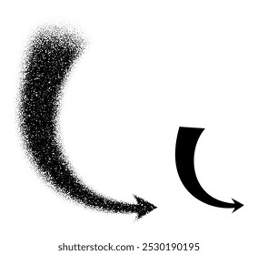 A curved downward arrow transitioning from scattered dots to a solid black shape, representing downward movement and direction. Vector illustration.