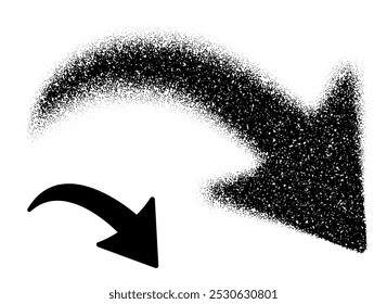 A curved downward arrow transitioning from scattered dots to a solid black shape, symbolizing decline and direction. Vector illustration.