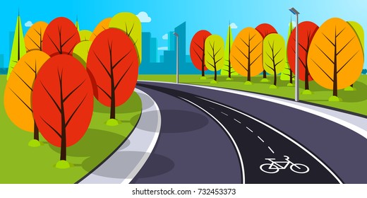 Curved empty road through the woods with bike lane. Autumn landscape vector illustration