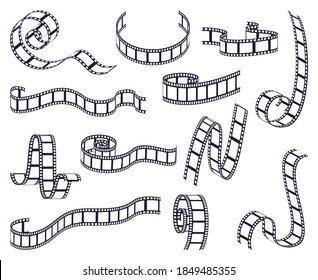 Curved film strip. Cinema monochrome movie or photo tape, strip roll border fragments. Vintage curved filmstrip isolated vector illustrations. Frames of different shapes with empty space