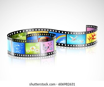 Curved film strip with reflection and colorful images of summer nature on white background isolated vector illustration