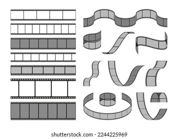 Bandas de película curvadas. La cámara retro rota el formato medio analógico de 35 mm, el concepto de fotografía fotográfica con fotos en blanco de cinta encuadernada. Conjunto de vectores de la ilustración negativa del carrete de película