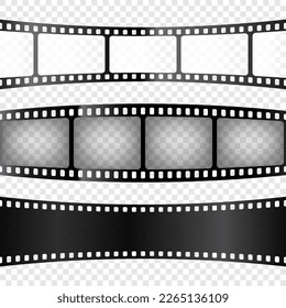 Curved film strips collection. Old retro cinema movie strip. Analog video recording equipment. Vector illustration