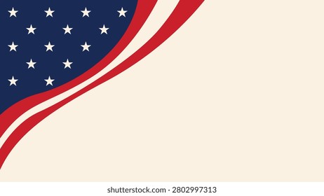 Curved flag design flows gracefully across soft beige background. Stars and stripes evoke patriotism with bold, elegant curves. Ideal for celebrations, political events, or patriotic themes