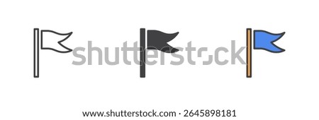 Curved flag on a pole icon in line, solid and colorful filled outline style. Vector symbol pack used for labels, signals, or locations. Colorful icon set.