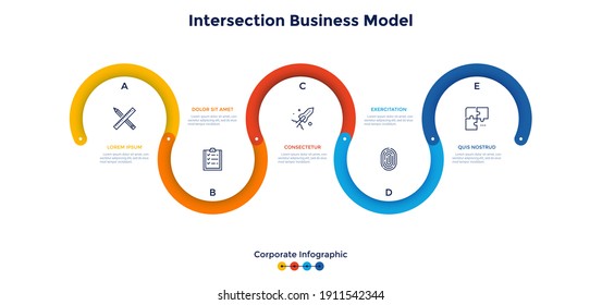 Curved flowchart divided into five colorful parts. Concept of 5 stages of project development process. Corporate infographic design template. Flat vector illustration for business presentation.